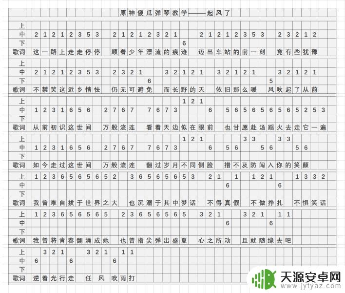 原神手机琴谱起风了 原神起风了乐谱简谱